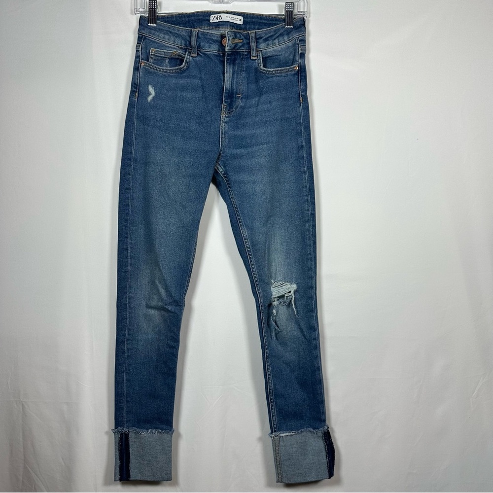 Zara Blue Denim Jeans with Embellished Button, distressed, cuffed bottoms, slim